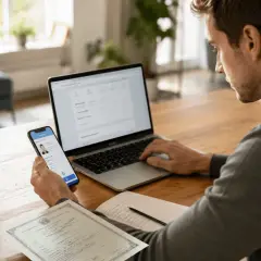 Mężczyzna pracuje przy laptopie, trzymając telefon z widocznym wielojęzycznym odpisem aktu urodzenia. Na biurku kawa i dokumenty.