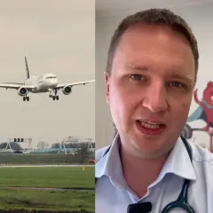 Lekarz wyjaśnia, jak radzić sobie z zapaleniem ucha podczas lotu samolotem. Na zdjęciu samolot lądujący na lotnisku.