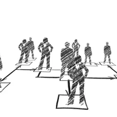 A flowchart illustrates leadership positions, showing figures in suits connected by arrows, representing hierarchy and reporting lines.