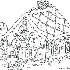 Casa de jengibre decorada con dulces, bastones de caramelo y un árbol de Navidad. Dibujos de Navidad para colorear.