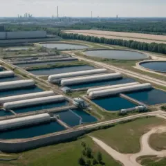 Oczyszczalnia ścieków z rzędami podłużnych zbiorników i okrągłymi basenami.