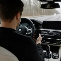 Mężczyzna trzyma telefon podczas jazdy samochodem, ryzykując mandat za telefon.