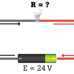 Obwód elektryczny z żarówką, baterią 24V i prądem 6A. Oblicz opór R, który zależy od rezystywności materiału.