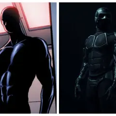 Le **black noir sans masque** de la BD à gauche, et le même héros en costume réaliste à droite.