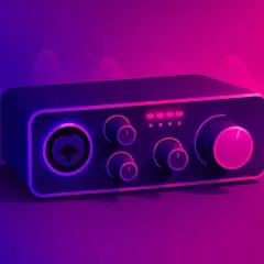 Interfejs audio z różnymi rodzajami złącz, pokrętłami i wskaźnikami LED. Tło z falami dźwiękowymi.