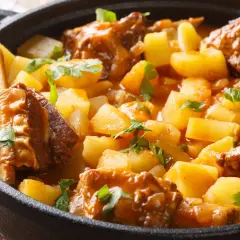 Un reconfortante guiso de patatas con costillas, cubierto de perejil fresco, servido en una olla de hierro fundido.