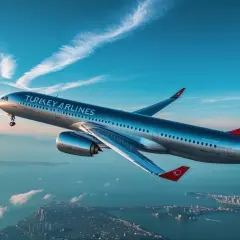 Samolot Turkish Airlines wznosi się nad miastem i morzem. Czas dowiedzieć się, ile się leci do Turcji!