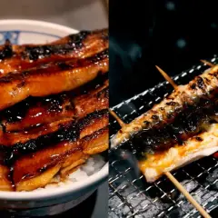 A bowl of rice topped with glistening grilled eel, and another piece of grilled eel being brushed with sauce over a grill.