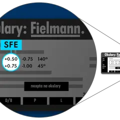 Fragment recepty na okulary Fielmann z wartościami sferycznymi, cylindrycznymi i osiowymi. Widoczna skala Ashworth.