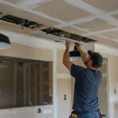 Elektryk montuje oprawę natynkową na suficie. Widać przewody i inne elementy instalacji.