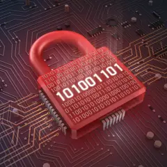 Czerwona kłódka z kodem binarnym na tle obwodów drukowanych. Symbolizuje bezpieczeństwo cyfrowe i ochronę danych, czyli to, czym jest firewall.