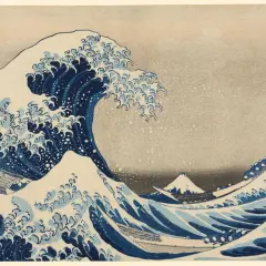 A powerful wave crashes in this iconic piece of modern Japanese art, with boats struggling against the spray and Mount Fuji in the distance.