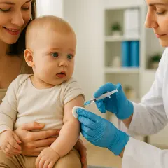 Mama trzyma dziecko, które dostaje szczepienie. Lekarka w rękawiczkach podaje zastrzyk. To ważny krok w ochronie zdrowia, jak Beyfortus.
