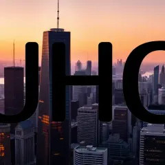 Große schwarze Buchstaben "UHG" über einer Skyline bei Sonnenuntergang. Ein Symbol für die Bedeutung von United Health in der modernen Stadt.