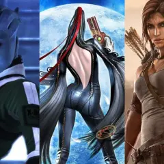 Trzy ikoniczne postacie z gier: niebieskoskóra Liara T'Soni, seksowna Bayonetta z pistoletami i Lara Croft w pełnej gotowości bojowej.