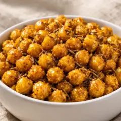 Un bol de pois chiche grillé, croustillants et épicés, parsemés de graines de cumin. Un snack sain et savoureux.