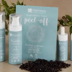 Una colección de productos de belleza para tu rutina skincare: cremas, sérums y mascarilla peel-off, con ingredientes naturales como arándanos y melisa.