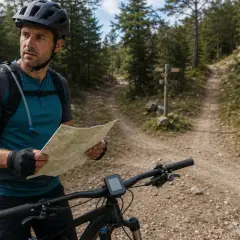 Ciclista con casco y mochila de hidratación consulta un mapa en un sendero de montaña, buscando la ruta ideal, quizás comparándola con un archivo GPX.