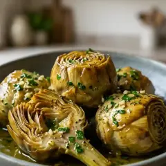 Artichauts à la romaine tendres et savoureux, nappés d'une sauce à l'ail et aux herbes, servis dans un plat en céramique.