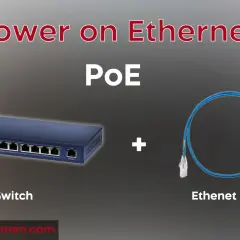 Switch PoE y cable Ethernet para Power over Ethernet. La tecnología PoE permite transmitir poe voltage y datos por un solo cable.