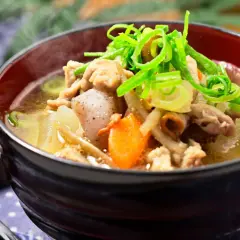 A steaming bowl of tonjiru recipe, filled with pork, vegetables, and topped with fresh green onions.