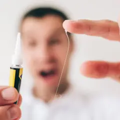 Mężczyzna trzyma tubkę z cyjanoakrylanem etylu i cienką nitkę, która przykleiła się do jego palca.