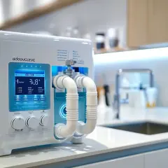 Appareil moderne pour récupérer l'eau de régénération de l'adoucisseur, avec écran digital et tuyaux blancs.