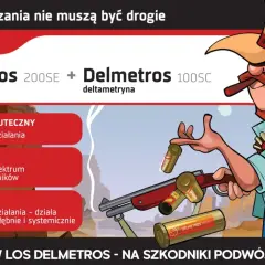 Kowboj z cygarem ładuje broń amunicją z napisem Delmetros. Zestaw Los Ovados i Delmetros to podwójny cios dla szkodników.