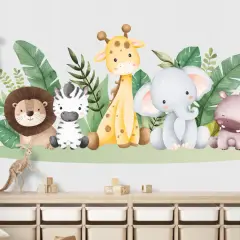 Urocze naklejki na ścianę safari: lew, zebra, żyrafa, słoń i hipopotam wśród liści.