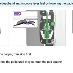 Illustrations show the SRAM pad advancement procedure: insert spacer, squeeze lever, remove spacer.