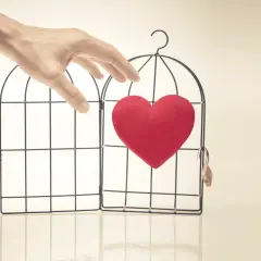 Mano che apre una gabbia con un cuore rosso dentro. Abbiamo fatto l'amore e non si fa sentire, il mio cuore è libero ma solo.