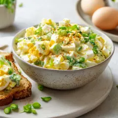 Cremiger Eiersalat mit Joghurt, garniert mit Frühlingszwiebeln, auf einer Scheibe Toastbrot. Daneben eine Schüssel mit dem Salat und gekochte Eier.