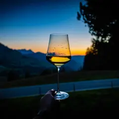 Un calice di vini aromatici riflette il tramonto sulle montagne.