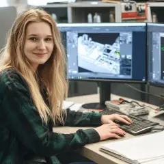 Junge technische Zeichnerin am Computer, die an 3D-Modellen arbeitet.