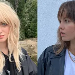 Dwie kobiety prezentują modną fryzurę wolf cut na prostych włosach. Jedna ma blond włosy i niebieskie oczy, druga brązowe.