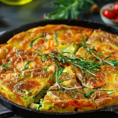 Ein goldbraunes Frittata Rezept, original italienisch, mit Zucchini und Karotten, garniert mit Rosmarin.