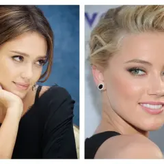 Deux portraits de femmes. À gauche, Jessica Alba, le menton posé sur sa main, bijou imposant. À droite, Amber Heard, souriante, le regard tourné, un maquillage subtil pour se maquiller naturellement.