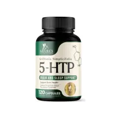 Butelka suplementu 5-HTP marki Nature's Nutrition z napisem "Brain and Sleep Support".