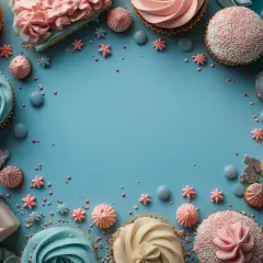 Słodki tort z posypką i babeczki w pastelowych kolorach, ozdobione cukrowymi gwiazdkami i kuleczkami.