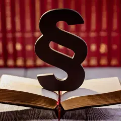 Symbol paragrafu na otwartej księdze, w tle rząd czerwonych ksiąg. Symbolizuje prawo i sprawiedliwość, a może nawet nadzieję na amnestia.
