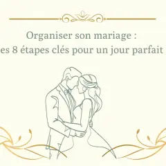 Organiser son mariage : les 8 étapes clés pour un jour parfait ! Une illustration de couple et des fleurs dorées pour une idée organisation mariage.
