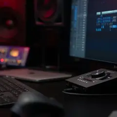 Studio d'enregistrement avec écran affichant une station de travail audio numérique, idéal pour la musique assistée par ordinateur.