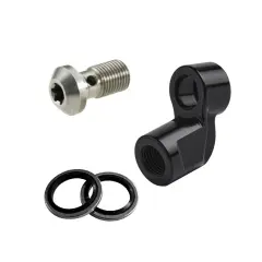 Componenti per freni: vite banjo in metallo, adattatore nero e due rondelle. Utili per creare risers personalizzati.