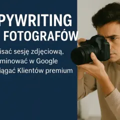 Młody mężczyzna trzyma aparat, gotowy do zrobienia zdjęcia. Tekst informuje o copywritingu dla fotografów, jak opisać sesję zdjęciową, by przyciągnąć klientów.
