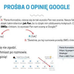 Prośba o wystawienie opinii wzór. Klient ocenia firmę na 10/10. Sprzedawca pyta, czy wyśle link do opinii w Google. Klient się zgadza.