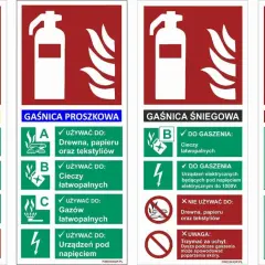 Instrukcje dotyczące różnych grup pożarów: gaśnice pianowe, proszkowe, śniegowe i koc gaśniczy.
