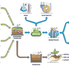 Schemat przedstawia proces produkcji energii z biomasy: od hodowli, upraw, odpadów po biogaz, biometan, ciepło, prąd, paliwo i nawóz.