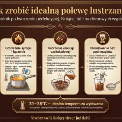 Instrukcja krok po kroku, jak przygotować idealną polewę lustrzaną z żelatyną. Proces obejmuje gotowanie syropu, tworzenie emulsji czekoladowej i blendowanie.