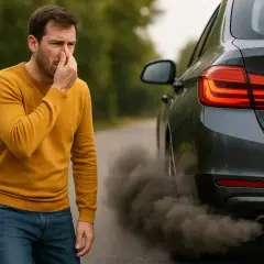 Un homme se pince le nez à cause de la mauvaise odeur d'échappement diesel d'une voiture qui émet de la fumée noire.