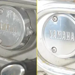Prima e dopo: pulire alluminio ossidato motore Yamaha. L'ossidazione scompare, lasciando brillare il metallo.